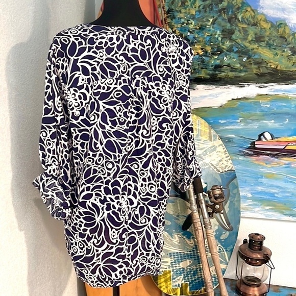 Talbots,Linen Tunic Top,EUC,Beautiful Navy & White Print,1X - Picture 2 of 8